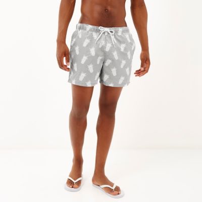Grey pineapple print drawstring swim shorts